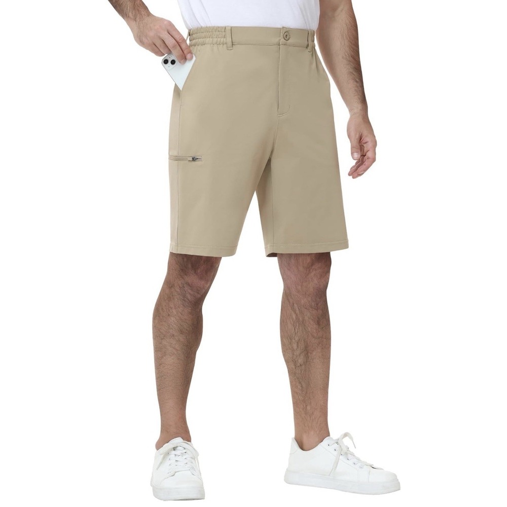 PinkBomb Men's Beige Athletic Golf Shorts 2XL Polyester 7" Inseam Elastic Waist
